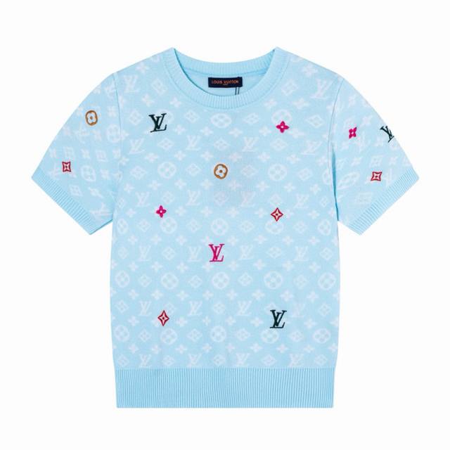 Louis Vuitton 路易威登Lv 25Ss春季新款暗纹提花针织刺绣绣花Logo女款圆领针织短袖T恤-顶级版本 Color：粉色 蓝色 白色 Size：