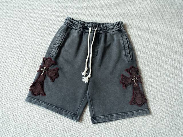 Chrome Hearts 克罗心 25S S 水洗灰大十字架刺绣棉质短裤五分裤 货号：5149 - 颜色：灰色 - 尺码：S M L Xl 尺寸推荐：S码适合
