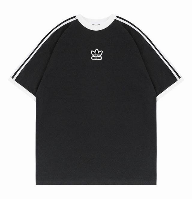 新款阿迪达斯Adidas 三叶草三条杠插肩撞色拼接Ins 领口螺纹针织情侣同款宽松落肩短袖T恤 面料: 260G重磅纯棉新疆长绒棉 采用特定重磅32S精棉平纹针