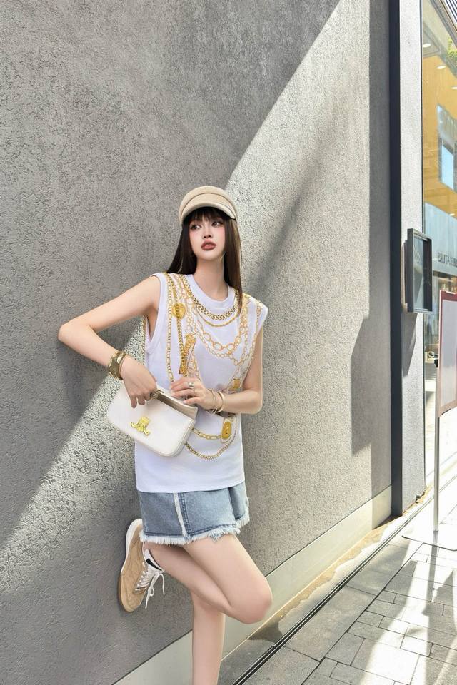 Balmain 巴尔曼链条印花圆领背心 款号：2567 6536 颜色：白色 尺码：Sml S码80-95斤 M码95- 斤 L码 -125斤