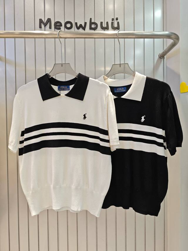 Ralph Lauren 拉夫劳伦Rl小马刺绣条纹撞色翻领针织短袖 款号：25670106523 颜色：白色 黑色 尺码：均码 80-120斤