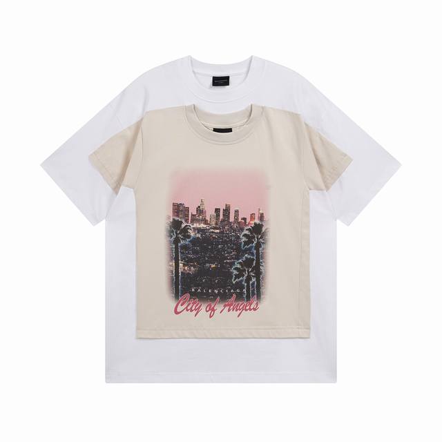 Balenciaga 巴黎世家2025 Ss 新款洛杉矶夜景直喷印花重叠双层短袖T恤 本市场No.1的质量 暗线拼接 真正天花板品质 全部原版开发注意细节图 避