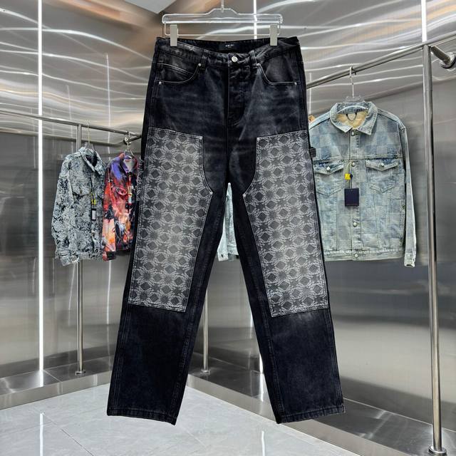 Amiri 图案Logo提花工艺工装街头潮流宽松直筒牛仔裤 颜色 黑色 码数 30 32 34 36 38