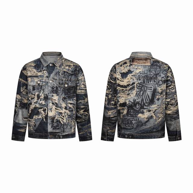 8189 Acne Studios 1981复古错视糜烂搜刮涂鸦3D打印做旧阔腿牛仔外套 Ac家3D打印系列牛仔外套，方便平台定制的磨毛无弹面料，难点是前前后后