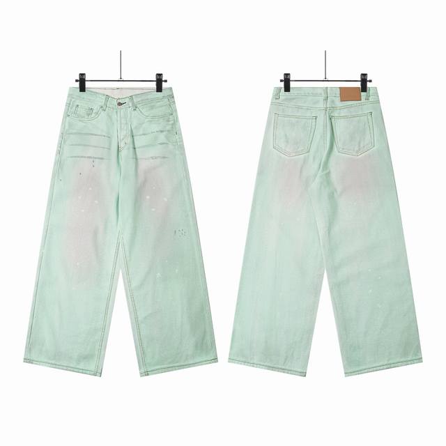 8182 Acne Studios 1981复古薄荷绿荧光涂层泥染手绘做旧阔腿牛仔裤 Ac家3D打印系列的神裤，方便平台定制的磨毛无弹面料，难点是前前后后修正了