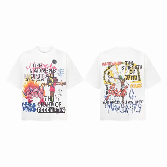 Tr06 Travis Scott X Saint Mxxxxxx 联名款 字母人偶火焰地狱犬印花短袖T恤 小领口设计 热固油墨印花 高街复古重磅Vintage