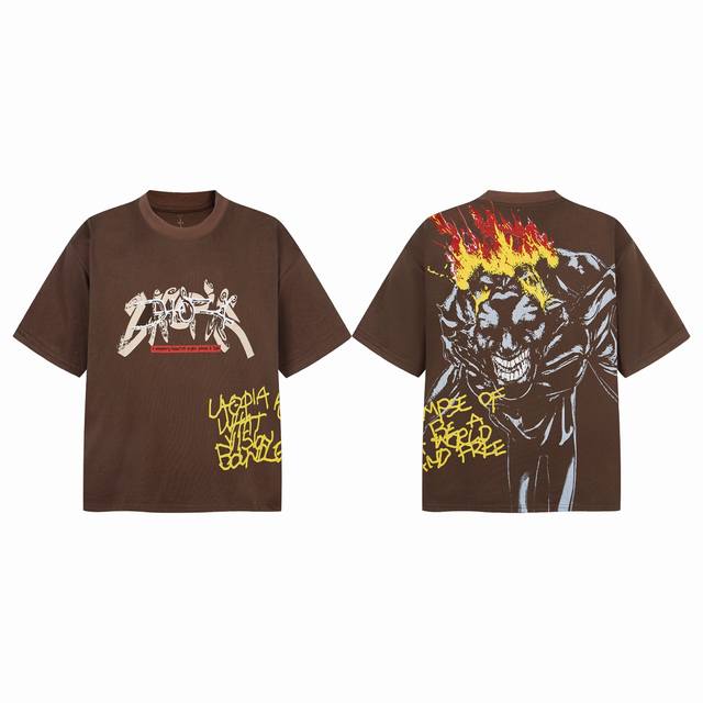 Tr24 Travis Scott Ss23 Utopia限定系列火焰恶鬼印花复古短袖T恤 小领口设计 热固油墨印花 高街复古重磅Vintage短袖 尺码：S
