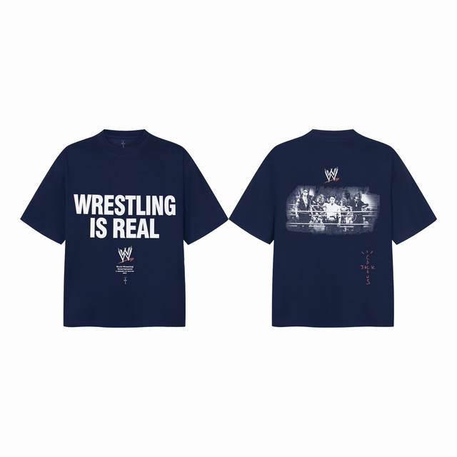 Tr14 Travis Scott X Wwe 联名款 Ss25 字母印花复古短袖T恤 小领口设计 热固油墨印花 高街复古重磅Vintage短袖 尺码：S M