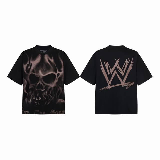 Tr21 Travis Scott X Wwe 联名款 Ss25 骷髅字母印花复古短袖T恤 小领口设计 热固油墨印花 高街复古重磅Vintage短袖 尺码：S