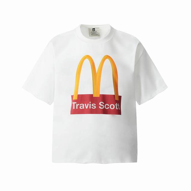 Tr29 Travis Scott X Mcdonald`S 麦当劳联名 M记字母数码直喷印花短袖T恤 小领口设计 白墨数码直喷印花 高街复古重磅做旧水洗Vin