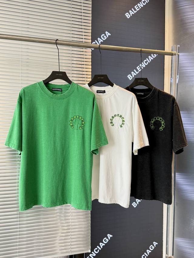 天花板级 克罗心2025十字架贴布刺绣夏季新款原单专柜美式酸洗做旧激光烧花贴布绣情侣休闲短袖T恤 最高版本！定制面料300克双纱！美式酸洗做旧原身布激光烧花贴布