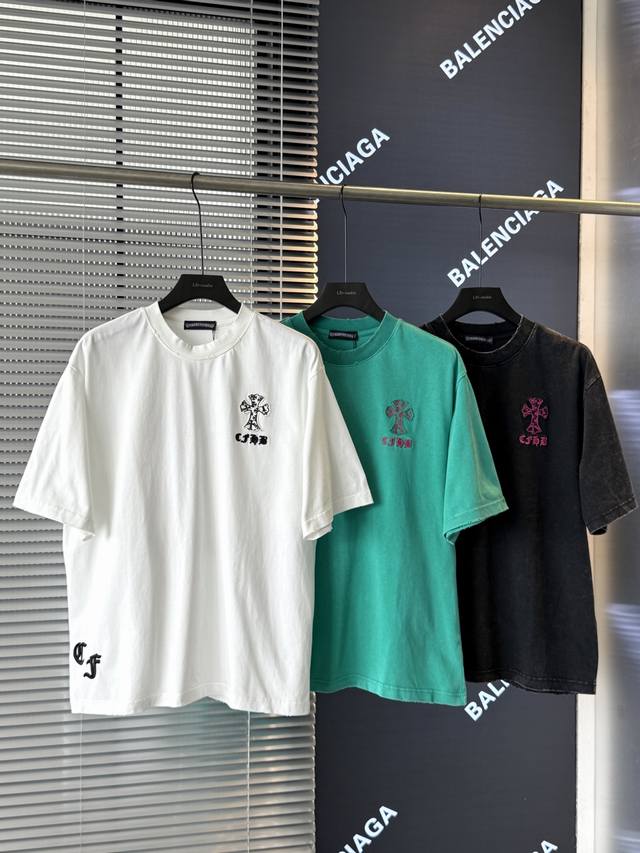 天花板级 克罗心2025十字架贴布刺绣夏季新款原单专柜美式酸洗做旧激光烧花贴布绣情侣休闲短袖T恤 最高版本！定制面料300克双纱！美式酸洗做旧原身布激光烧花贴布