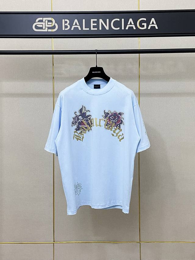 9198# 实拍图 顶级版本 Balencia*Ga 官网品质 巴黎新款Tacky Tattoo艺术作品前后数码直喷印花短袖T恤 Os版型 宽松落肩 男女同款