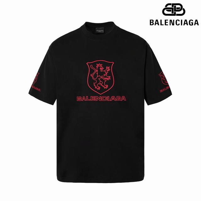 9183# 细节图 顶级版本 Balencia*Ga 官网品质 巴黎新款联名Lion Club字母Logo刺绣短袖T恤 Os版型 宽松落肩 男女同款 面料：28
