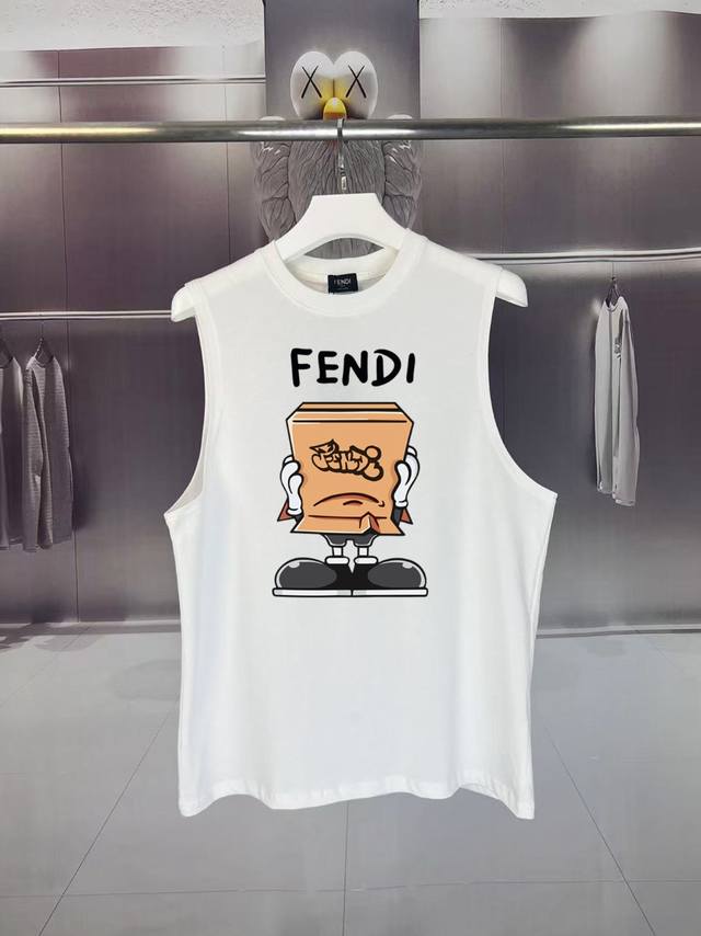 Fendi*芬迪 2025夏季F家 搞怪卡通图案Logo字母印花 坎肩汗背心 运动健身 简约风 走秀款 圆领无袖T恤衫 宽松版型 男女同款 上身效果很赞 透气