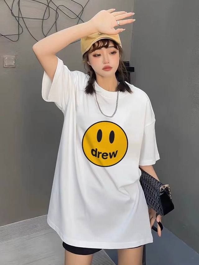新品牌上新 Dw-18# Drew House官网贾斯汀比伯超多明星同款简单笑脸Logo印花男女同款短袖T恤 面料采用32支高克重280克双纱精梳棉面料 颜色：