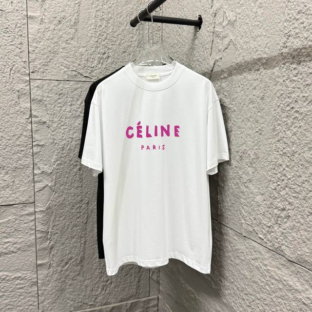 Celi*Ne 塞琳 2025春夏款 简约彩色字母 植绒工艺 个性Logo 定制双纱平纹纯棉面料 短袖T恤 男女同款 尺码： S 90-130斤 M 120-1