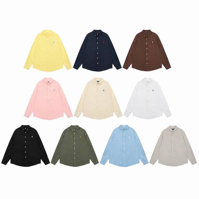 R29 Ralph Lauren拉夫劳伦亚麻纯色Logo刺绣排扣翻领经典长袖休闲衬衫 颜色：粉红色 杏色 白色 黄色 黑色 藏青色 军绿色 浅蓝色 棕色 灰色