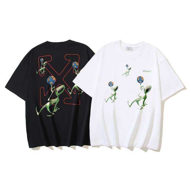 1195# Off-White纯棉260G重磅外星人卡通印花短袖T恤 黑色 白色 S M L Xl