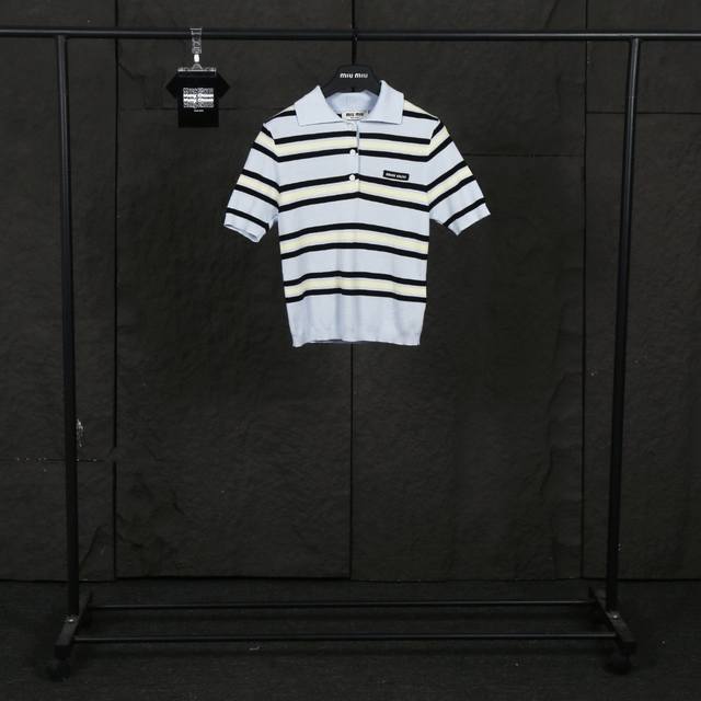 实拍图 夏季热门 款号：25023# 颜色：米白蓝 奶油橙 尺码：S 36-Xl 42 -Miumiu 缪缪 2025Ss 夏季热门法式彩色撞条纹天丝针织Pol