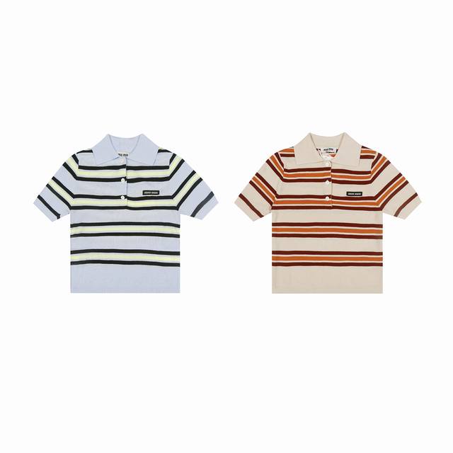 白底图 夏季热门 款号：25023# 颜色：米白蓝 奶油橙 尺码：S 36-Xl 42 -Miumiu 缪缪 2025Ss 夏季热门法式彩色撞条纹天丝针织Pol