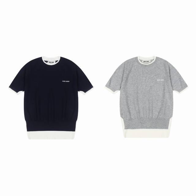 白底图 夏季热门 款号：25057# 颜色：藏青 浅灰 尺码：S-Xl -Miumiu 缪缪 2025Ss 夏季热门新品简约学院风假两件设计拼色针织短袖Tee