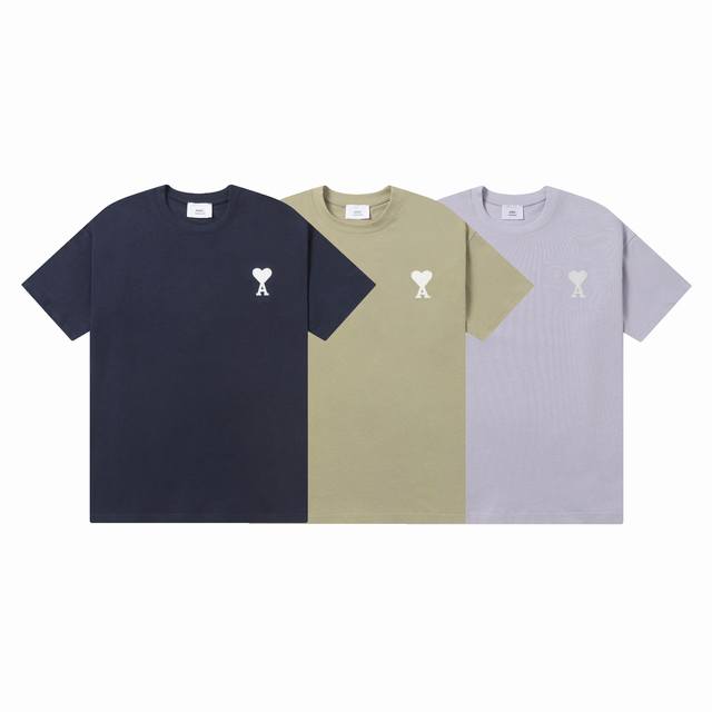 款号：608 Ami春夏短袖系列~ 重磅厚实高克重 100%双纱棉270克重 细节到位 质量过关 支持对比 S-Xl 四个码数 颜色：藏青色 紫色 卡其色