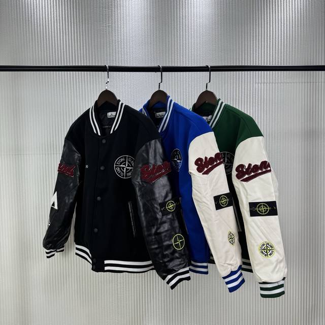 St330 特价 资讯图 无质量问题不退换 Stone Island Fw22秋冬单品石头岛拼接皮U重工毛巾绣棒球服毛呢夹克绗面外套棉服 原版纽扣开模定制 贴布