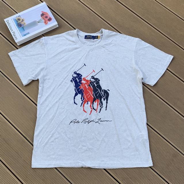 款号：L02 Ralph Lauren 拉夫劳伦2025夏季新配色纯棉240克大马彩标印花T恤5色 颈部主标Logo有二维码标，可以扫码验证，采用日本进口机器田