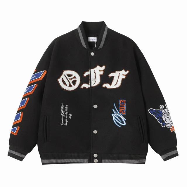 Off White X27 尺码：M Lxl Xxl Offwhite24Ss走秀款棒球服夹克外套 原板开模，耗时一个月出货 重工刺绣拼皮棒球服 大身采用羊毛呢