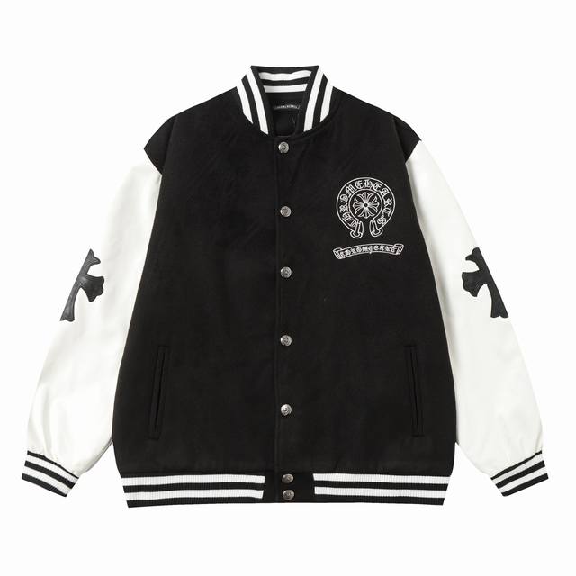 款号X08 尺码：M L Xl Xxl 克罗心 秋冬新款拼皮棒球服，订制五金辅料，刺绣图案，三标包装齐全