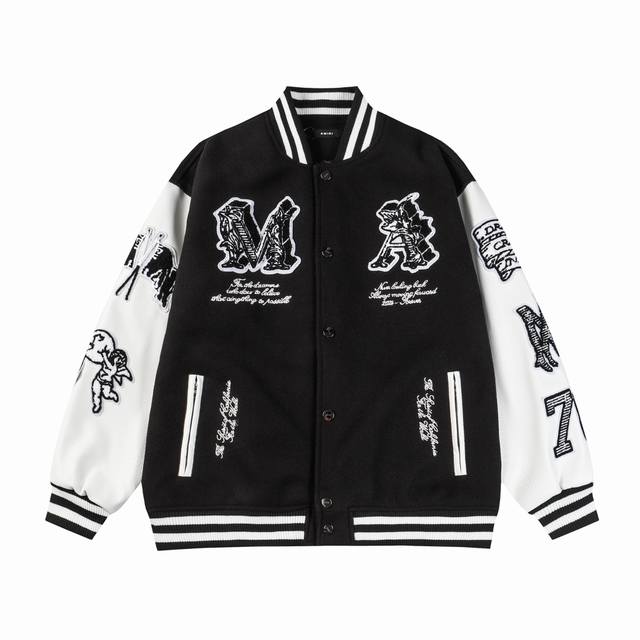 D12 Amiri Ss 爱神丘比特棒球服外套 -采用毛巾绣工艺，口袋五金拉链设计 ,尽显独特 -700G龙凤尼与荔枝纹Pu相碰撞 时尚百搭 M L Xl Xx