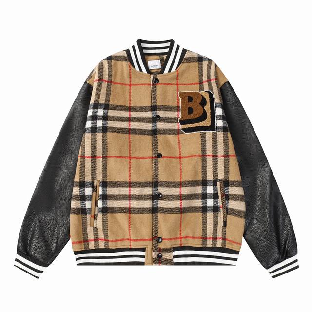 B61 巴宝莉学院风 Bb超级星 毛巾绣棒球服 高克重面料搭配荔枝纹皮革袖子 定位花格子工艺 重工五金 纽扣一比一设计 M L Xl Xxl