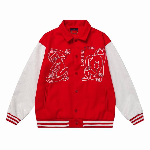 款号B19 Lv裸女 刺绣 袖子满印棒球服 高克重 重工五金配件 M L Xl Xxl