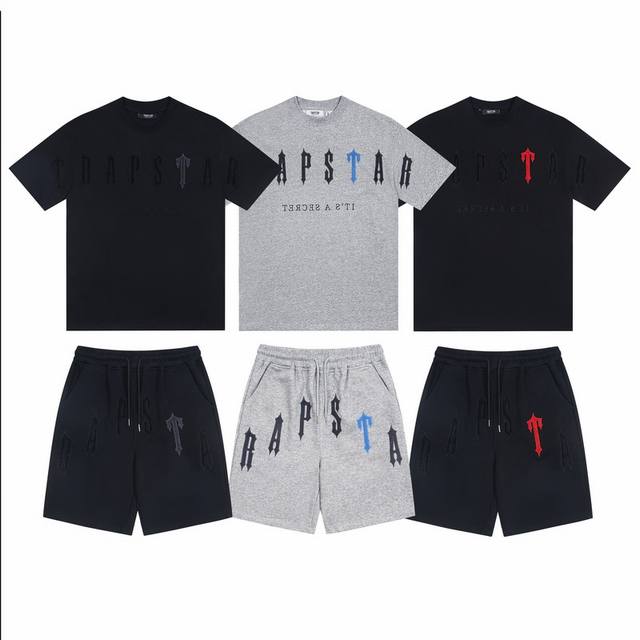 上衣T52# 裤子T53# Trapstar高质量万针刺绣立体毛巾绣纯棉宽松短袖T恤套装 上衣 裤子 黑绣红，黑绣灰，灰绣蓝 S-Xl