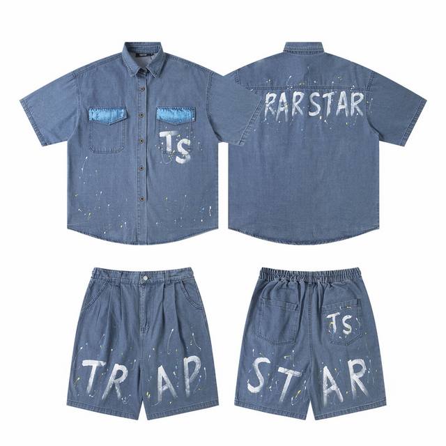 T76# Trapstar美潮复古牛仔衬衣中裤套装18 S-Xl 牛仔蓝