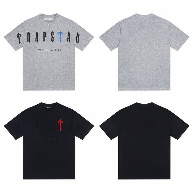 T52# Trapstar高质量万针刺绣立体毛巾绣纯棉宽松短袖T恤16 黑绣红，黑绣灰，灰绣蓝 S-Xl