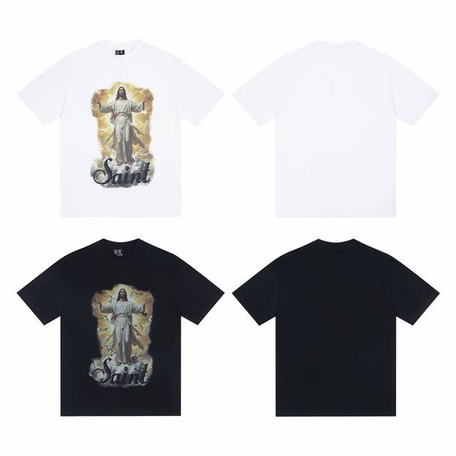 S09#美潮Saint白墨直喷纯棉260克宽松短袖T恤15 黑色，白色 S-Xl