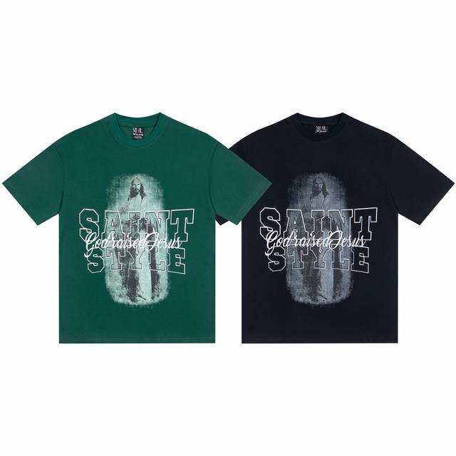 S07# 美潮Saint白墨直喷纯棉260克宽松短袖T恤27 黑色，绿色 S-Xl