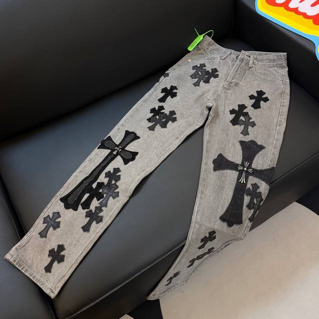 水洗灰款号：D347 Chrome Hearts X Sexrecords克罗金属贴皮十字架水洗牛王展会限定牛仔裤 Size：28，30，32，34，36 S-