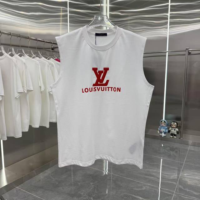 Lv 2025夏季新款 无袖背心 美丽绒厚板海绵工艺 男女同款宽松版 S M L Xl Xxl 五个码 颜色：黑色 白色 灰色