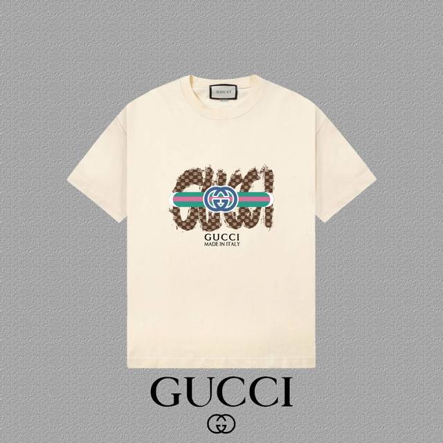 Gucci 古奇] 2025Fw短袖T恤 Logo印花 高端26S双纱300克面料 重磅面料 定制拉架罗纹同缸同染 三标齐全 男女同款 颜色：黑色 白色 杏色