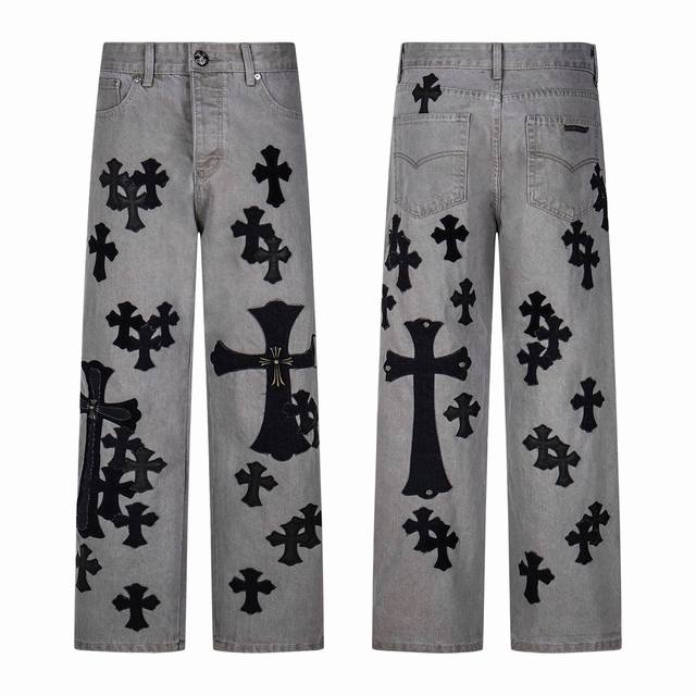 Chrome Hearts 克罗心灰色牛王牛仔裤 多皮标款工装牛仔裤裤Ch牛仔裤均需要成品水洗后再拆开手工订绵羊皮十字皮再拼接完成 整件工艺多到说不清 关于克罗