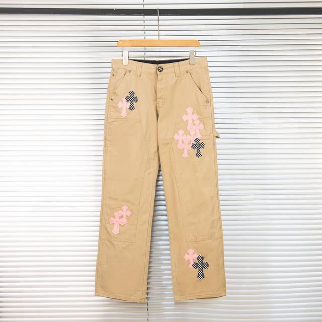Chrome Hearts 克罗心樱花粉拼皮伐木拼接水洗牛仔裤 真实还原Vintage极致质感 立体版型 宽松舒适不挑身材 显高显瘦 大厂精工 原厂品控 男女同