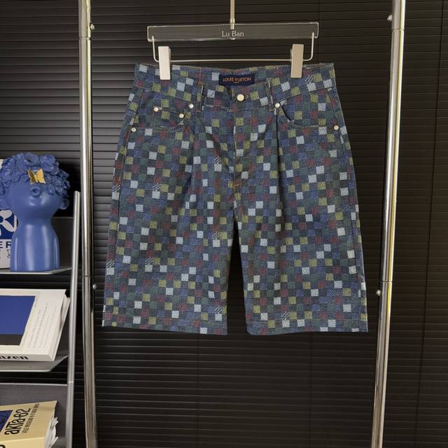650 当天到货 现货现配 Louis Vuitton 路易威登 马赛克彩色棋盘格提花 格纹Logo标识 洗水五分牛仔裤、高品质丹宁牛仔面料、特别手感、超级质感