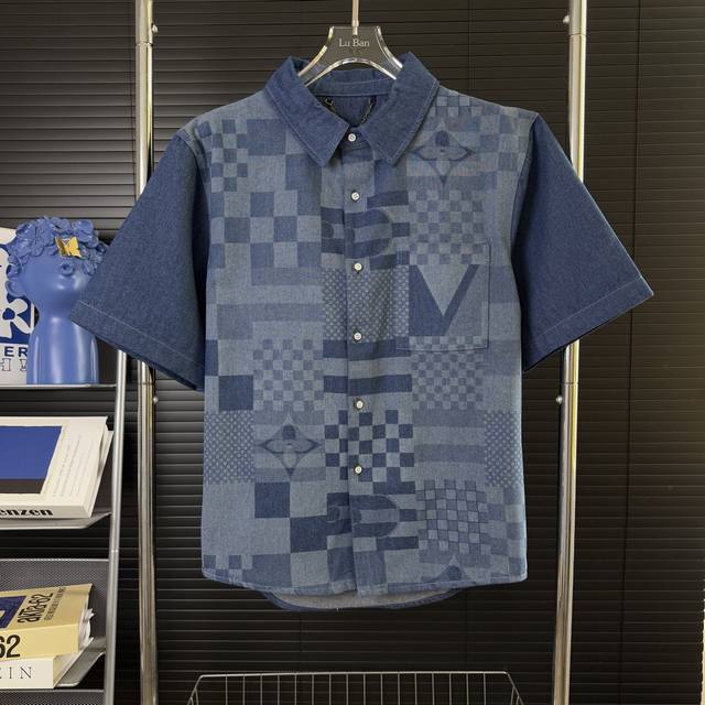 645 当天到货 现货现配 Louis Vuitton 路易威登 几何拼接 25Ss暗纹满印提花棋盘格牛仔短袖衬衫 原版开发斜纹全棉提花丹宁牛仔材质，提花图型大