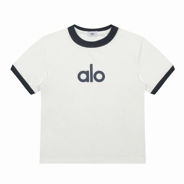 Alo撞色拼接Ins风发泡印花Logo正肩版型女装T恤短袖 款号 ：Al309 码数：S M L 颜色：花灰色 深灰 藏青 米白色 粉色 黑色