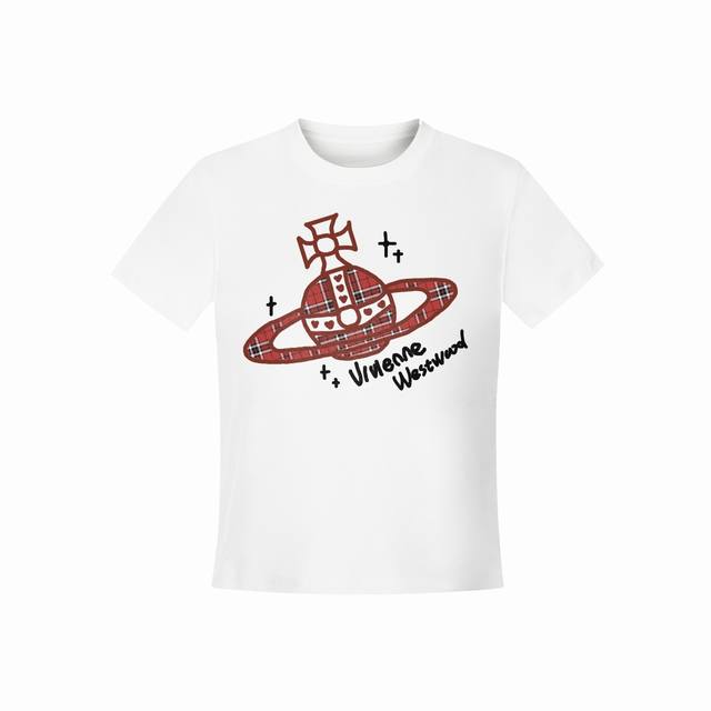 Vivienne West Wood 西天后薇薇安 2025夏季新款涂鸦系列土星设计款格子图案Logo正肩短袖T恤 女款 全网独家纯棉高品质 款号：Vi05 尺