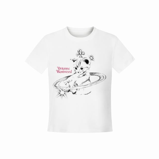 Vivienne West Wood 西天后薇薇安 2025夏季新款动物系列土星设计款猫咪Logo正肩短袖T恤 女款 全网独家纯棉高品质 款号：Vi01 尺码：