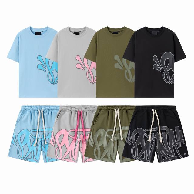 Syn-608#高克重印花美式短裤套装 黑色、灰色、绿色、蓝色 S-Xl
